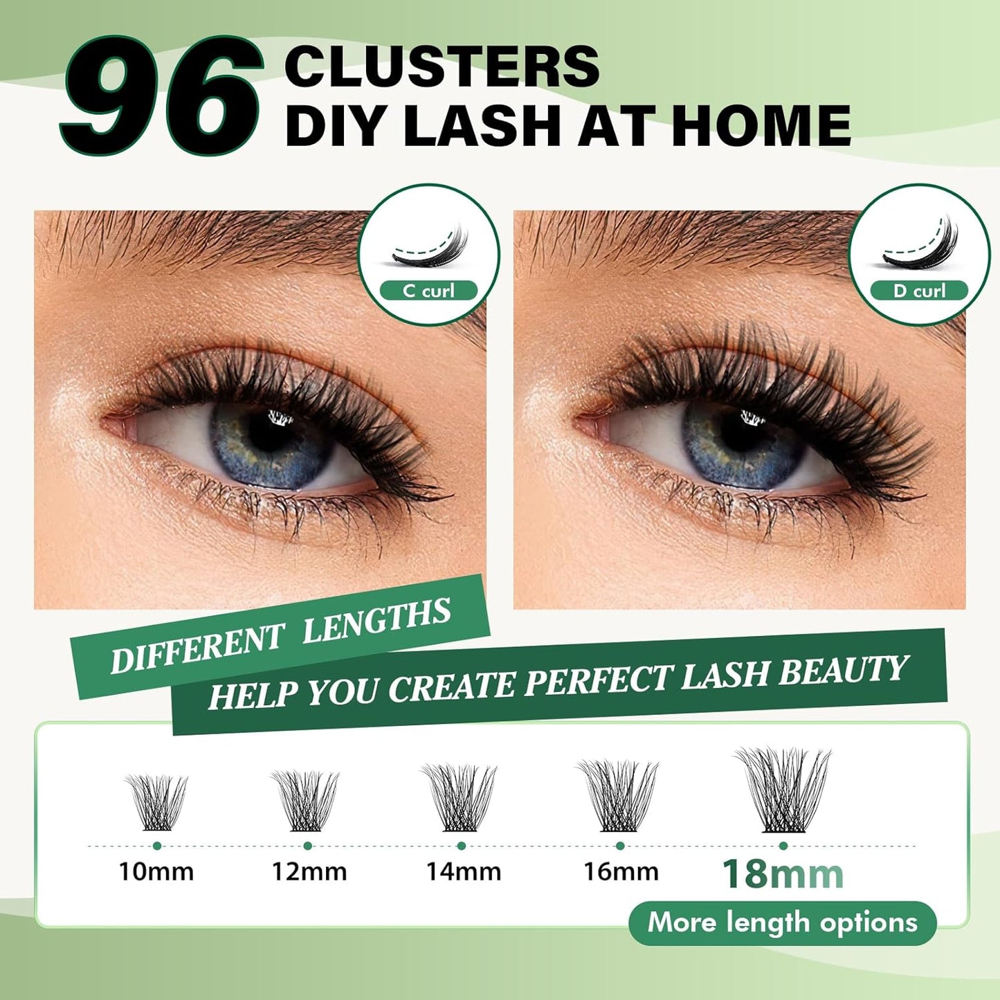 Lash Clusters 96pcs Individual Lashes D Curl 16mm Eyelash Clusters KEYYOU Volume Wispy Lash Extension Soft&Comfortable Easy DIY at Home(Y23,D-16mm)