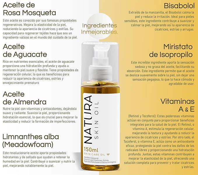 Natura Skin Oil 5fl OZ - Anti-Stretch Marks and Scars Body Oil Skin Care Firming, Non-Greasy, Deeply Hydrates and Nourishes - Tensor and Skin Repair Effect., Gold