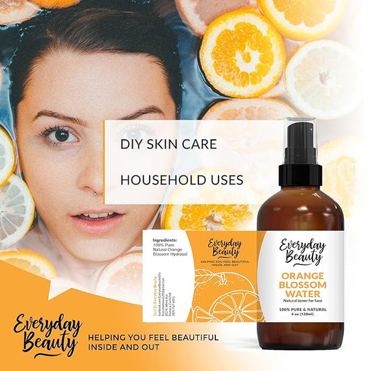 Orange Blossom Water Facial Toner - All Natural Hydrating Spray Mist for Face and Hair - 100% All Natural Orange Blossom Water Hydrosol 4oz with Fine Mist Cap