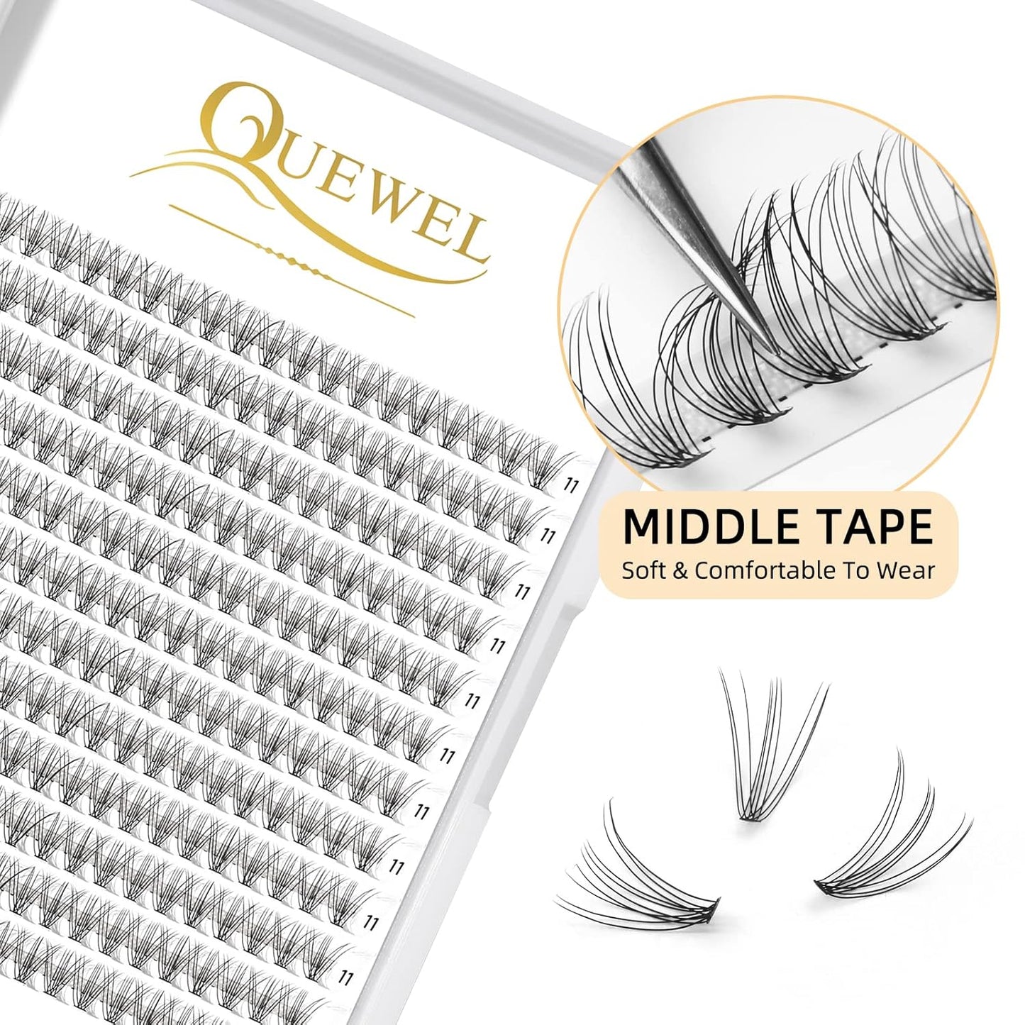QUEWEL Cluster Lashes 240Pcs Individual Lashes 10D 0.10D Curl 11mm Knot-Free Lash Extensions Clusters Lashes Soft&Natural False Eyelashes Individual DIY Eyelash Extension at Home(10D 0.10D 11)