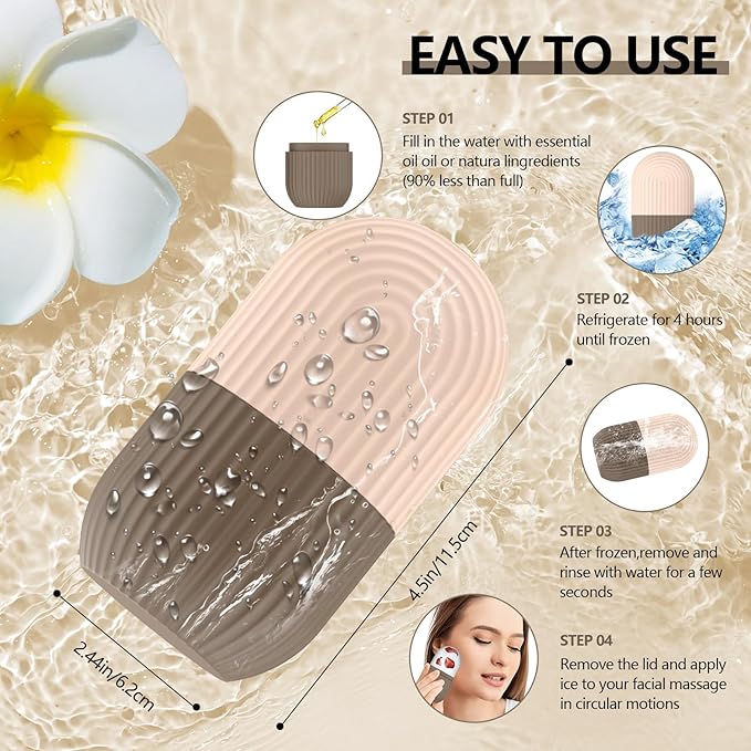 Ice Roller for Face and Eye, Silicone Ice Facial Roller Ice Holder, Face Ice Mold Skin Care, Face Icers Reusable Ice Cube Roller for Shrink Pores Anti Wrinkle Reduce Puffiness, Brown