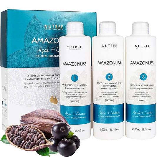 Amazonliss Keratin Hair Treatment Set 8.45 Fl Oz + Brazilian Bondox Hair Treatment Masks 33.8 Fl Oz – Smooths, Softens, Moisturizes, Adds Shine, Reduces Frizz, Deep Repair with Collagen and Almond Oil