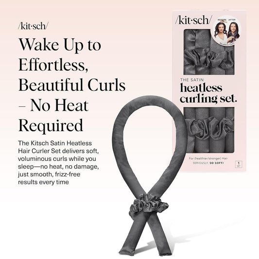 Kitsch Satin Heatless Curling Set – Heatless Hair Curler for Women, Hair Curler to Sleep In - with 2 Satin Scrunchies for Overnight Curls – No Heat Damage Styling with Heatless Curler - Charcoal