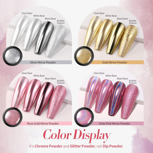 Born Pretty Chrome Nail Powder Metallic Mirror Powder Holographic Pigment Powder Manicure Nail Art Decoration Sets Silver Gold Pink Rose Gold 4 Boxes