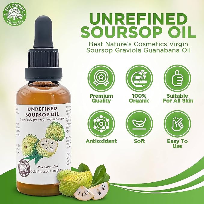 Best Nature's Cosmetics Virgin Soursop Graviola Guanabana Oil (Organic, Undiluted, Cold Pressed, Unrefined) 1 oz / 30 ml – Natural Moisturizer for Dry and Damaged Skin.