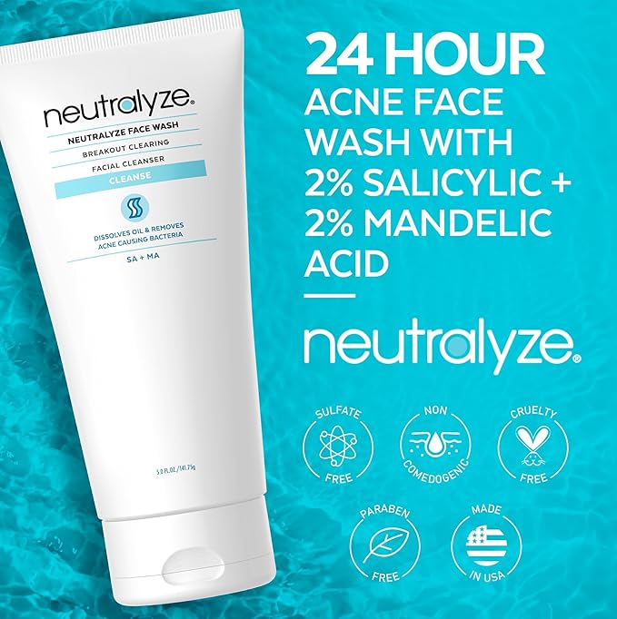 Acne Wash for Face with 2% Mandelic Acid & 2% Salicylic Acid - Professional Grade, A.H.A. + B.H.A. Facial Cleanser for Acne Prone Skin (90+ Day)