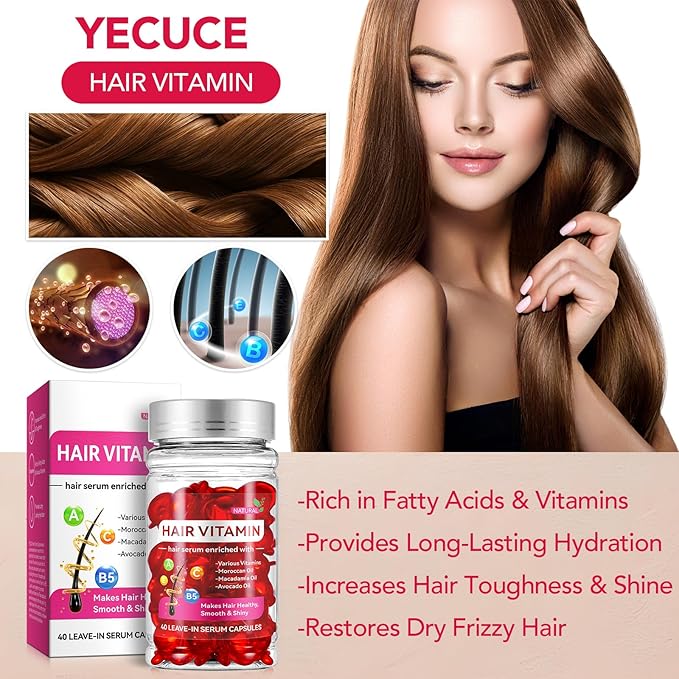 Hair Vitamins, Hair Vitamin Oil Capsules with Avocado Oil, Hair Treatment Serum for Frizzy & Dry Hair, Leave-in Anti Frizz Hair Styling Moisturizing Serum Capsules for Women, 40PCS, Red