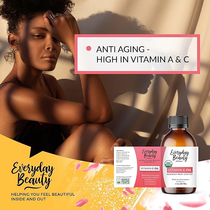 Organic Vitamin E Oil - Heavenly Rose Scented USDA Certified 100% All Natural Plant Based 2oz - Lightweight & Great for Scars After Surgery - For Face, Skin and Nails - Reduce Wrinkles, Anti Aging