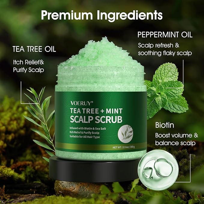 Scalp Scrub, Tea Tree Scalp Exfoliator Scrub Shampoo, 2-in-1 Scalp Treatment with Mint Oil, Hair Treatment to Clarify and Remove Build up with Silicone Scalp Massager, 10.6oz/300g