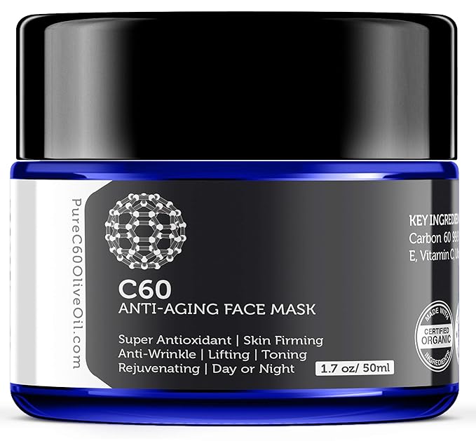 C60 Anti-Aging Face Mask 50ml with Green Tea, Aloe, Ubiquinone (CoQ 10), Vitamin E and Vitamin C for Men & Women Made with Organic Ingredients - From The Leading Global Producer