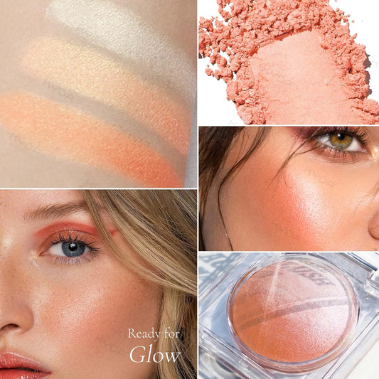 KYDA Baked Blush, Coral Glow Powder for Blush and Highlighter, High Glossy Finish, Lightweight Blendable Shimmer Blusher, Multiuse Baked Powder, 0.53 oz
