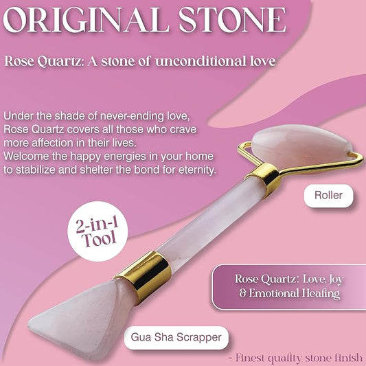 Rose Quartz Face Roller Gua Sha - Rose Quartz Gua Sha Skin Care Set Includes Pink Face Roller & Scraper Tool, Face Sponge, Scented Candle, & Crystal Oil Bottle