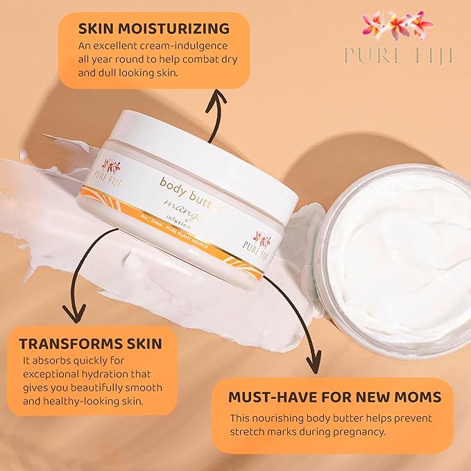 PURE FIJI Body Butter - Moisturizer Body Butter Cream - Face Cream and Body Lotion for Dry Skin with Natural Oils & Vitamin E, Body Butter For Women for Men,Mango, 8oz