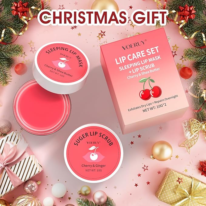 Lip Scrub & Lip Mask Set, Cherry Lip Exfoliator Scrub, Christmas Gifts Stocking Stuffers Gift for Women, Overnight Suger Lip Treatment, Repair Dry Cracked Lips - with Lip Brush (10g*2)