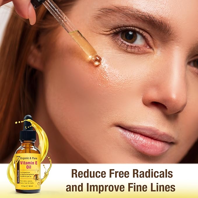 Seven Minerals New Ultra Pure Vitamin E Oil - 75,000 IU Full-Spectrum D-Alpha Tocopherol, 1 Fl Oz - 100% Organic Vitamin E Oil for Skin, Face, Hair, and Scars - Naturally Occurring = Not Synthetic