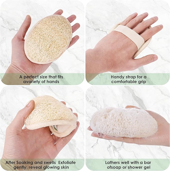 Natural Loofah Sponge Exfoliating Body Scrubber, Organic Biodegradable Bath Shower Scrub for All Skin Types, Men Women (2 Pack)