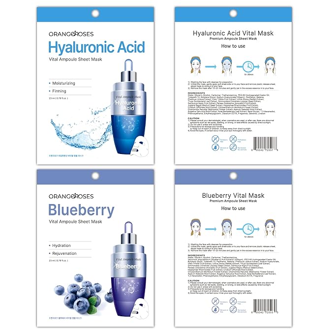【 Orangeroses 】 30 Pcs Combo Pack Vital Ampoule Sheet Mask, Korean Facial Skincare Sheet | Simple & Effective Skincare Routine | Moisturization | Wrinkle Care | Brightening