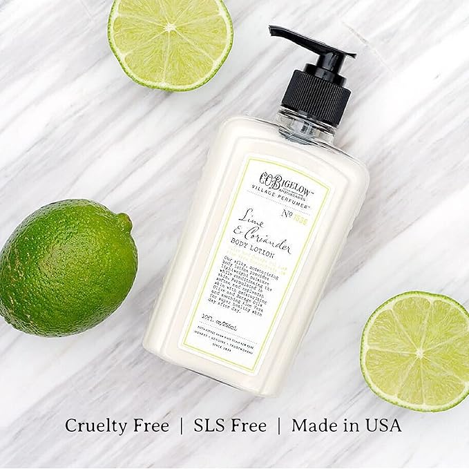 C.O. Bigelow Lime Coriander Body Lotion for Women and Men, Village Perfumer Lotion with Olive Oil, Borage Oil, and Aloe Vera Concentrate, 10 fl oz