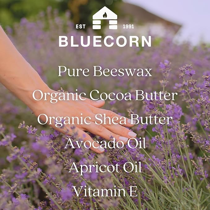 Bluecorn Beeswax Lotion Bar with Lavender Essential Oil, Organic Cocoa Butter, Organic Shea Butter, Vitamin E, Apricot Oil & Avocado Oil. Long-Lasting Hydration for Dry Skin. Handmade in Colorado.