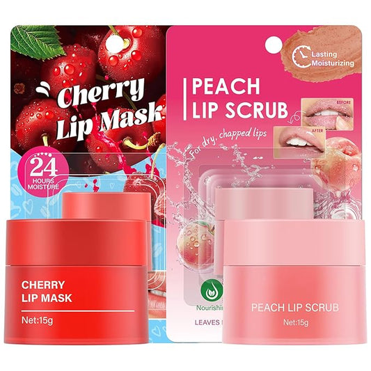 Cherry Lip Mask+Peach Lip Scrub for Women Dry, Cracked and Dark Lips – Lip Scrubber Exfoliator and Organic Lip Scrubs Exfoliator and Moisturizer with Lip Brush – Vegan, Cruelty-Free Lip Care Products