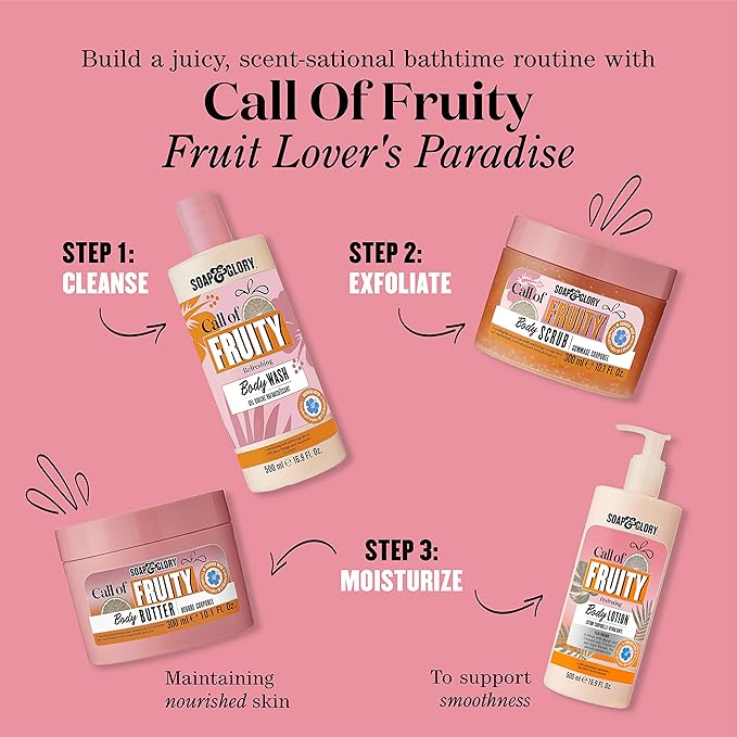 Soap & Glory Call of Fruity Vegan Body Lotion - Moisturizing Body Lotion with Vitamin E, Coconut Oil & Aloe Extracts - Tropical Fruits, Juicy Melon & Hibiscus Cocoa Butter for Dehydrated Skin (500ml)