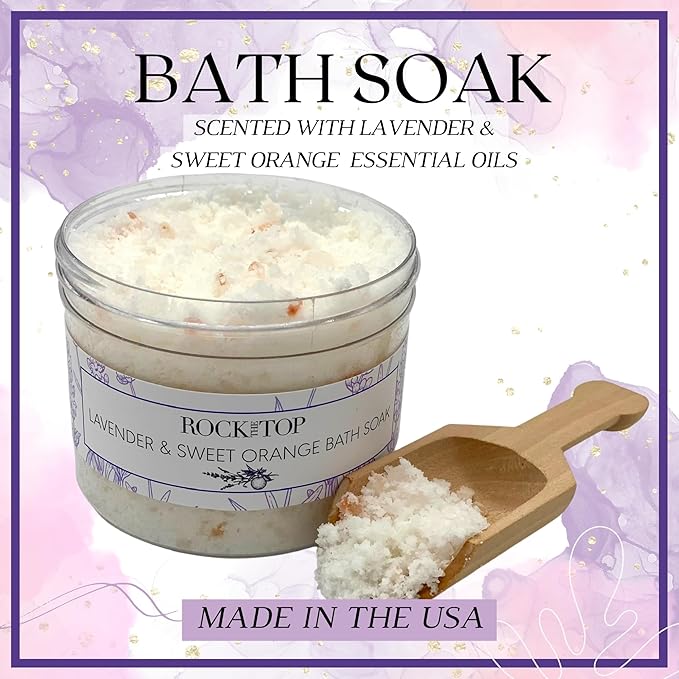 USA Made | 6 Lavender Self Care Gifts for Women, Bath Bombs (Truffles), Plant Based Dry Brush Body Brush Loofah, Epsom Salt Bath Soak, Handmade Soap, Herbal Bath Tea, Self Care Gift Box.