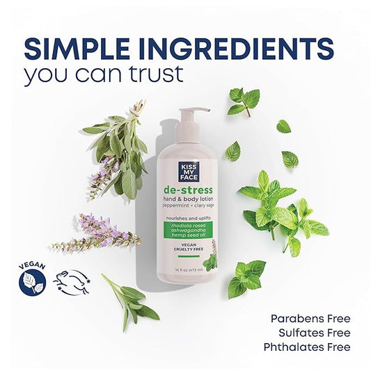 Kiss My Face De-Stress Hand & Body Lotion - Peppermint + Clary Sage - Soothing Rhodiola Rosea - With Hemp Seed Oil & Ashwagandha - Vegan & Cruelty-Free - 16 fl oz Bottle