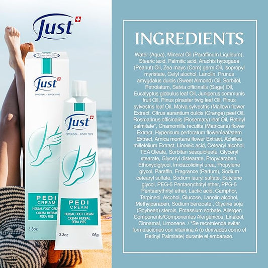 Swiss Just Pedicream Foot Cream 3.4 Fl oz- Nourishing Foot Care Kit with a High Concentration of Almond Oil for Skin - Soothing and Moisturizing Natural and Herbal Formula for Dry and Cracked Feet