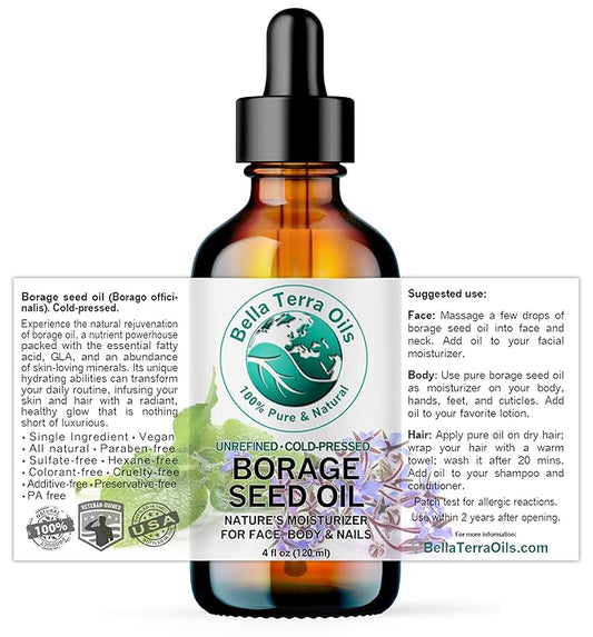 Bella Terra Oils - Organic Borage Seed Oil 2 oz - Cold-Pressed Excellence, Rich in Gamma-Linolenic Acid (GLA), Vitamins & Minerals, Ideal Nourishing Elixir for Skin