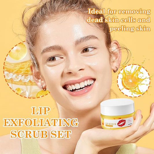 2 Pack Orange Lip Scrub Set,Long Lasting Moisturizing Lip Scrubber Exfoliator, Cleansing Hydrating Lip Exfoliator Scrub and Moisturizer Kit for Chapped Dry Lips