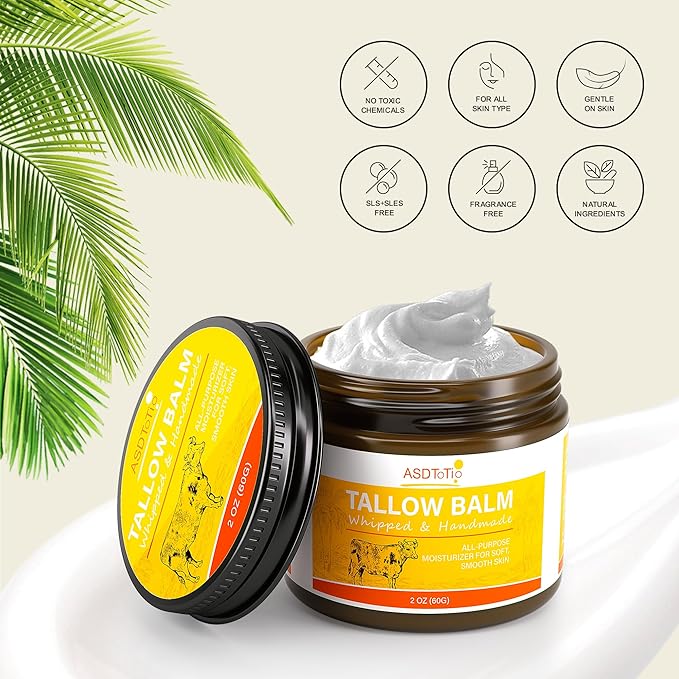 Handmade Whipped Tallow Balm for Skin Care- All Natural Grass Fed Beef Tallow All Purpose Balm,Face and Body Moisturizing Cream, Tallow Balm For Dry Skin- 2 oz