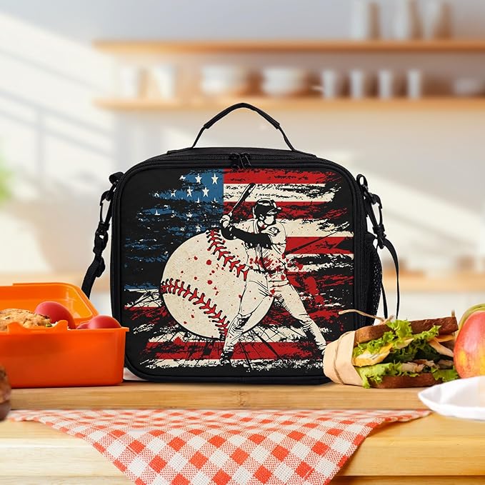 American Flag Baseball Pattern Lunch Bag Sport Baseball Lunch Boxes for Women/Man Office Work Travel School Work Picnic Durable Reusable Insulated Large Lunch Tote Bag with Adjustable Shoulder Strap