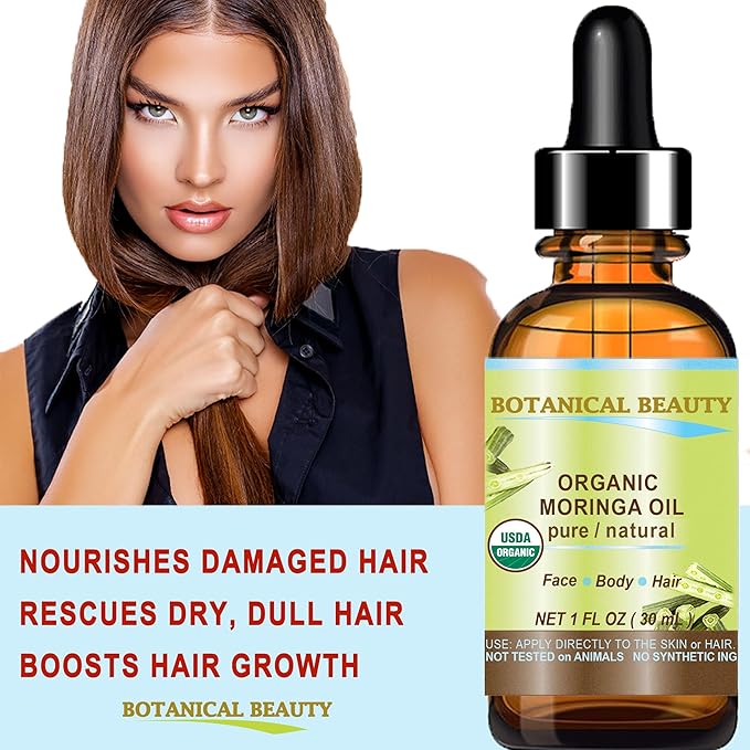 Botanical Beauty‎ Organic Moringa Oil 100% Pure Natural Undiluted 1 Fl.oz.- 30 ml. for Face Skin, Hair, Lips, Body, Nails Rich in Vitamin C, Vitamin E