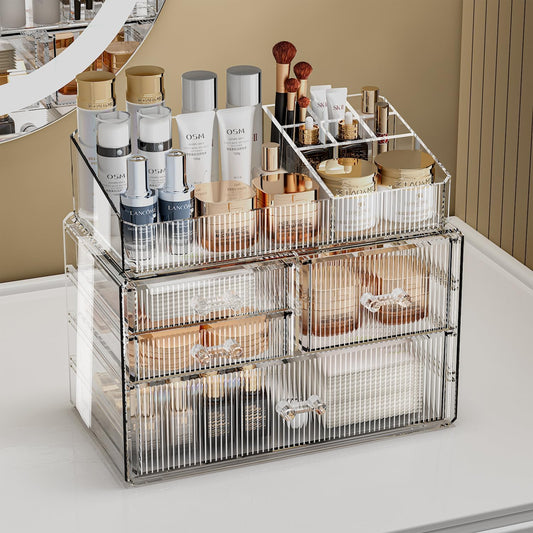 ZHIAI Stackable Storage Drawer, Acrylic Organizer, Cosmetic Organizer for Dresser, Vanity, Kitchen Cabinet, Bathroom, Under Sink, Home Organization and Storage (1 Top 3 Drawers)