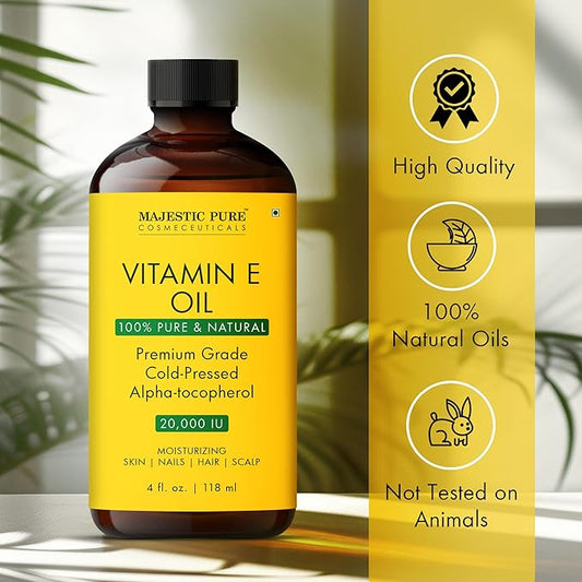Majestic Pure Vitamin E Oil - 100% Pure & Natural, 20,000 IU | Premium Grade, Cold-Pressed and Tocopherol to Repair Dry, Damaged Skin| Moisturizing Skin, Hair and Scalp 4 Fl Oz