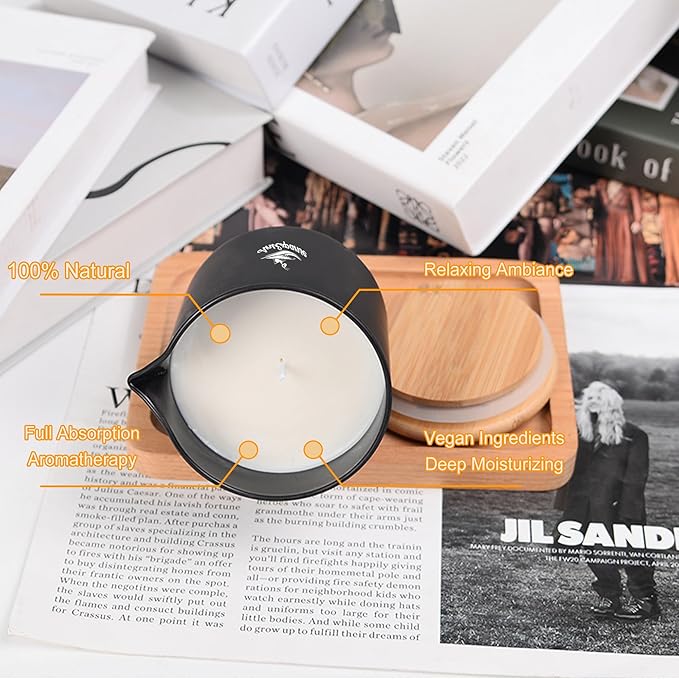 Soy Massage Oil Candle, 8.8OZ Low Temp Vanilla & Lavender Essential Oil in Frosted Black Glass, Moisturizing Body Massage Candle for Home & Spa