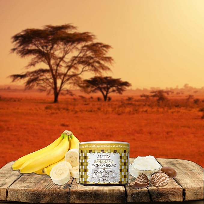 Shea Terra Organics Mama and Baby Collection | Bananas & Monkey Bread Baby Butter | Non Toxic All Natural Emollient with Baobab and Shea Butter for Cradle Cap, Rashes, Diaper Area and Dry Skin – 6oz