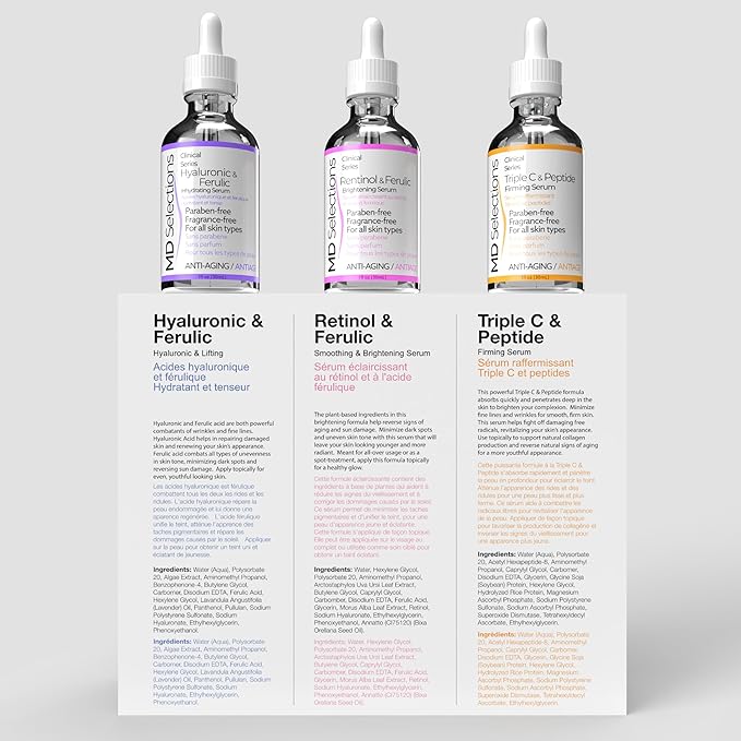 [3-PACK] MD Selections Retinol Hyaluronic Ferulic Triple C Peptide Lifting Serum Bundle for Face, 3 Fl Oz - Skin Firming Plumping Boost Collagen
