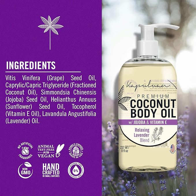 Massage Body Oil Relaxing Blend – Lavender Coconut Oil Blend for Stress Relief, Muscle Tension 8oz