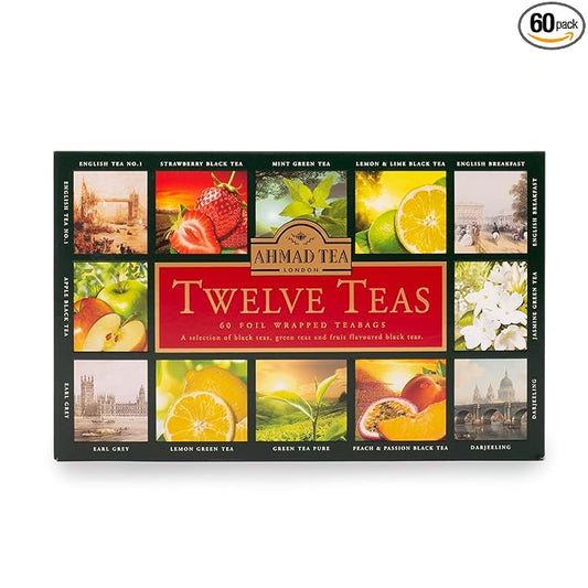 Ahmad Tea Variety Gift Box, 60 Foil Enveloped Teabags, Twelve Teas, 1 Count