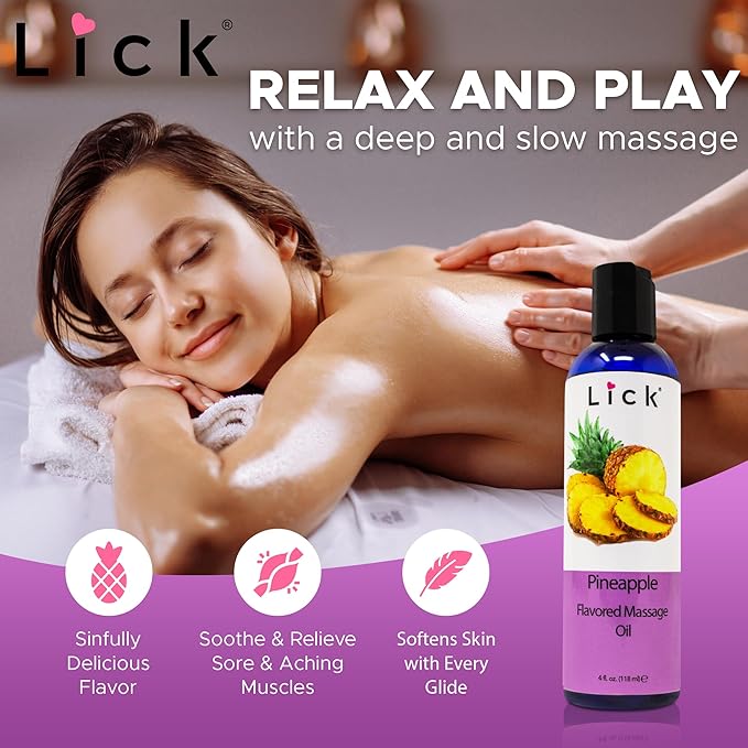 Lick Pineapple Flavored Massage Oil with Vitamin E, Coconut, Sweet Almond Oil for Lovemaking, Date Night, Nuru Yoni Massage Therapy, Safe & Edible