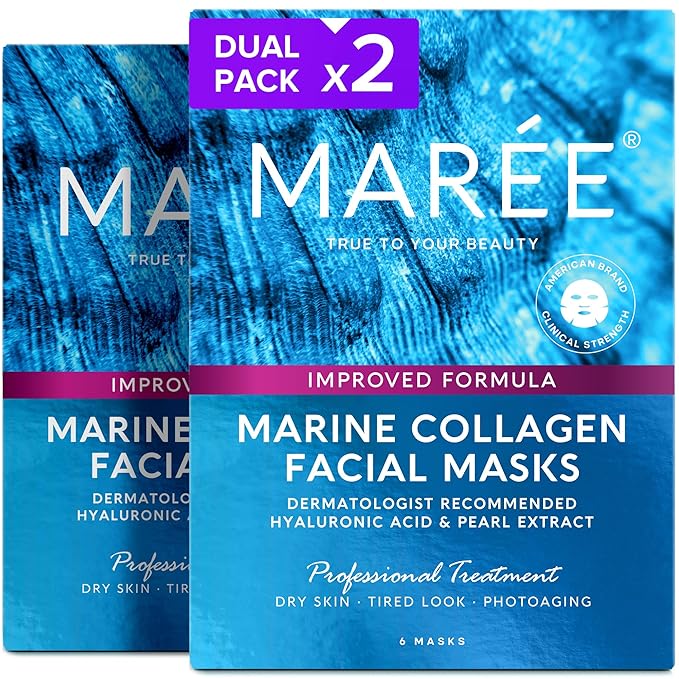 MAREE Collagen Facial Mask with Hyaluronic Acid 2 PACK - Sheet Face Masks Skincare with Green & Red Algae Extract - Hydrating Mascarillas Faciales For Women Skin Care