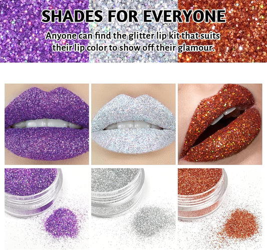 3 Colors Glitter Lip Kit, Diamond and Metallic Powder With Primer, Waterproof Long Lasting & Smudge Proof, Shimmer Sparkly Cosmetic Without Sticky Flake Off Set C