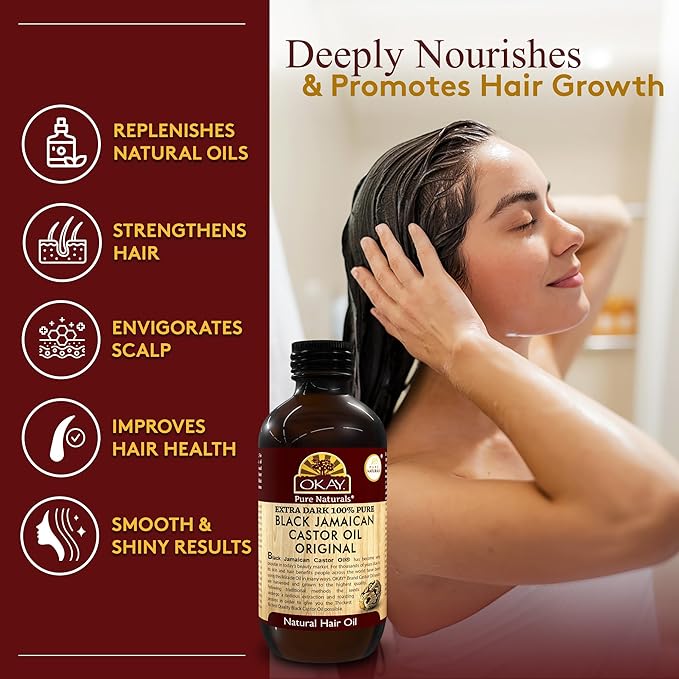 OKAY Pure Naturals Black Jamaican Castor Oil - Castor Oil for Hair Health, Moisture for Skin, Body, Scalp, Eyelashes, Eyebrows, for Men & Women - 4 oz (Pack of 1)