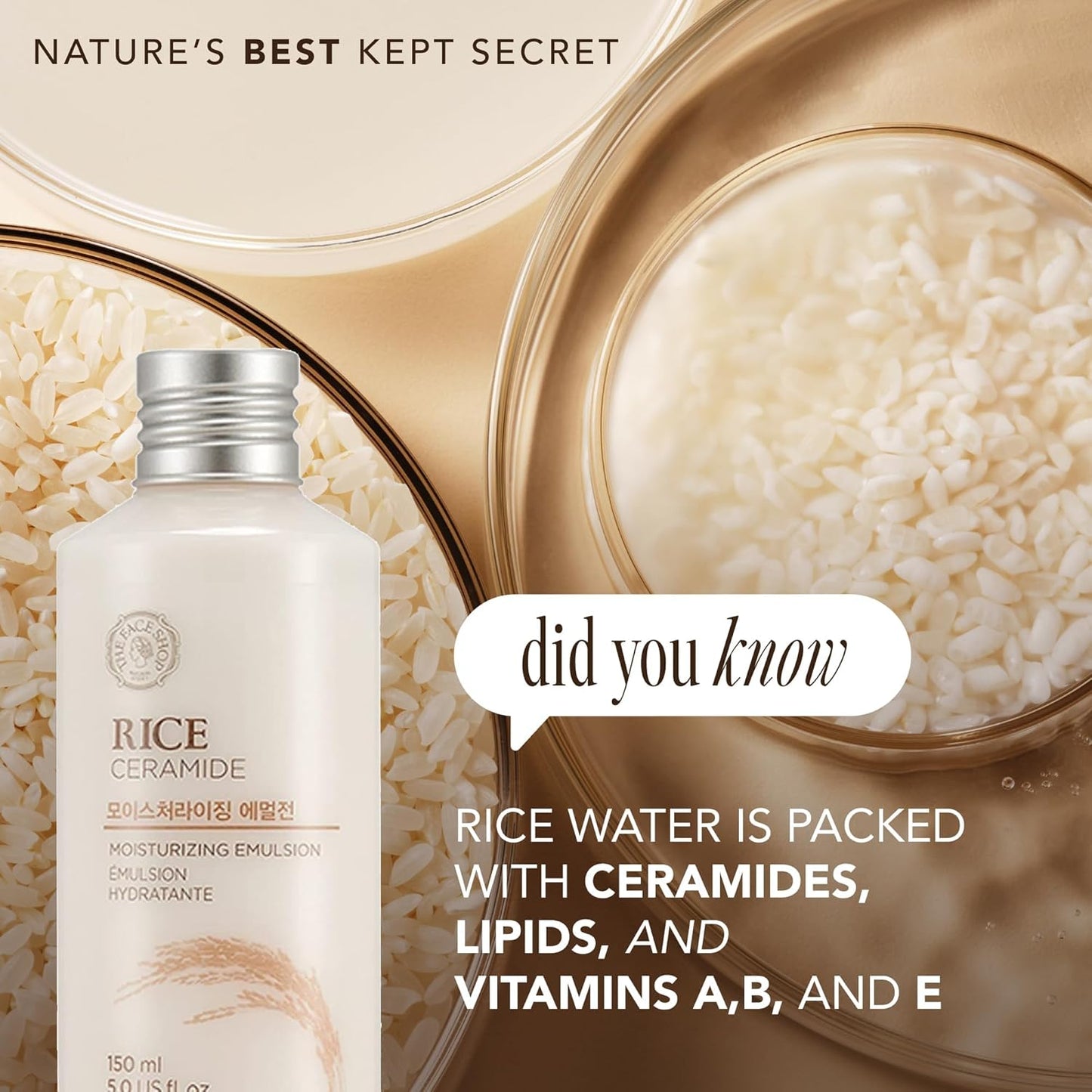The Face Shop Rice Ceramide Moisturizing Emulsion - Rice Extract - Lightweight Face Moisturizer - Brightening - Hydrating Targets Dryness - Strengthens Skin Barrier - Face Lotion - Korean Skin Care