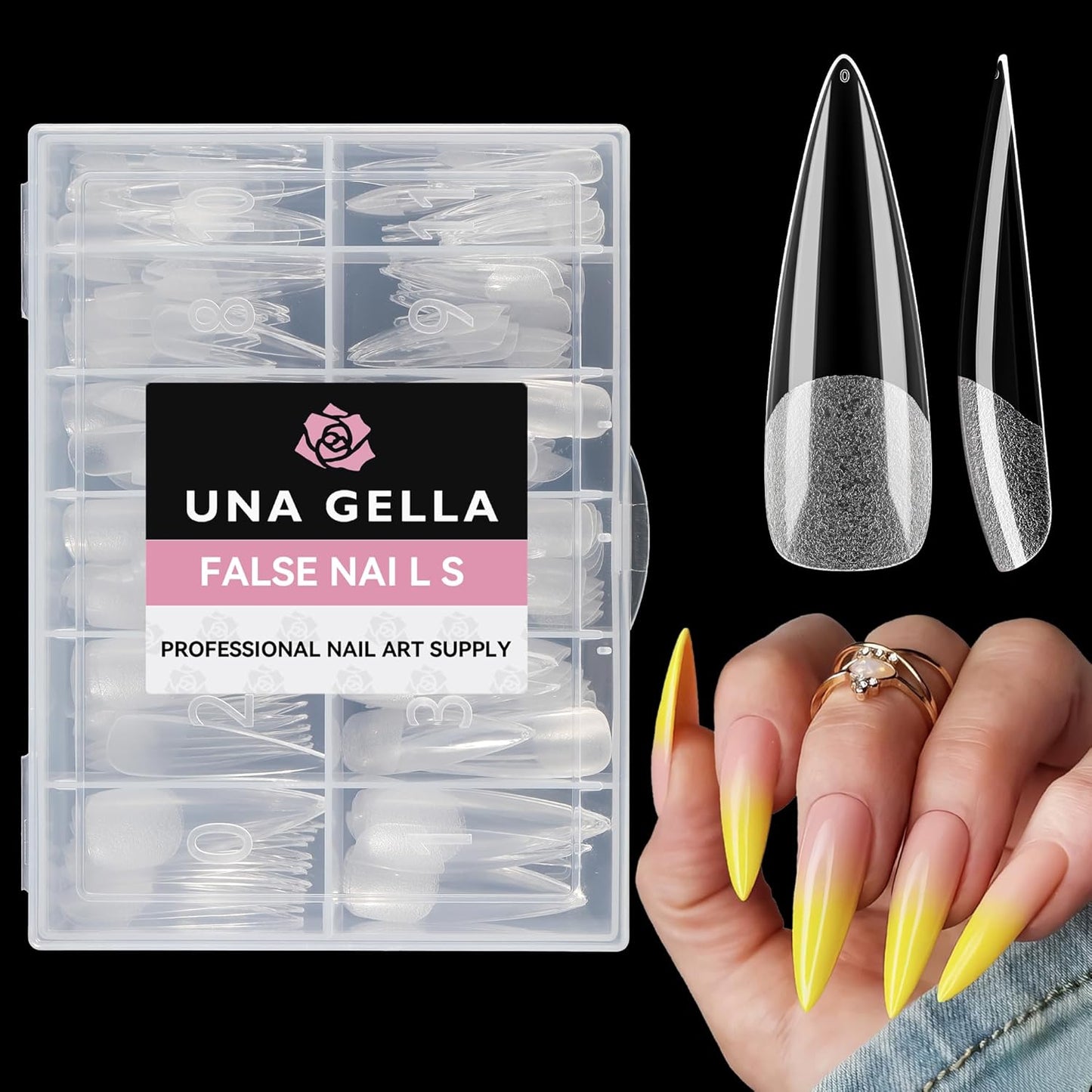 UNA GELLA Clear Stiletto Fake Nails - 216pcs Extra Long Full Cover Gel Nail Tips - 12 Sizes for Nail Extension, No Filing Needed - Home DIY Salon Gelly Tips