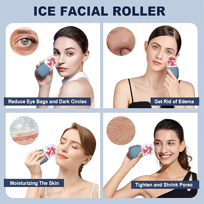 2 Pack Ice Roller for Face and Eye, Skin Care for Shrink Pores Reduce Puffiness, Nursing Tool for Fever, Redness and Swelling, Ice Cube, Ice Mold, Ice Stick, Ice Holder for Face Women Men (Blue-Pink)
