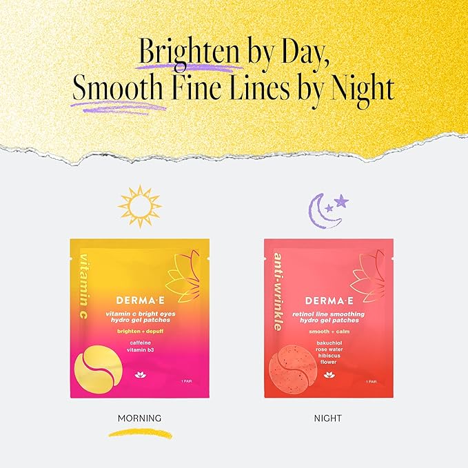 Derma E Vitamin C Bright Eyes Hydro Gel Under Eye Patches (5 Pairs), Allantoin, Caffeine & Vitamin B3, Eye Masks to Helps Reduce Fine Lines, Wrinkles, Dark Circles & Puffy Eyes,10 Ct