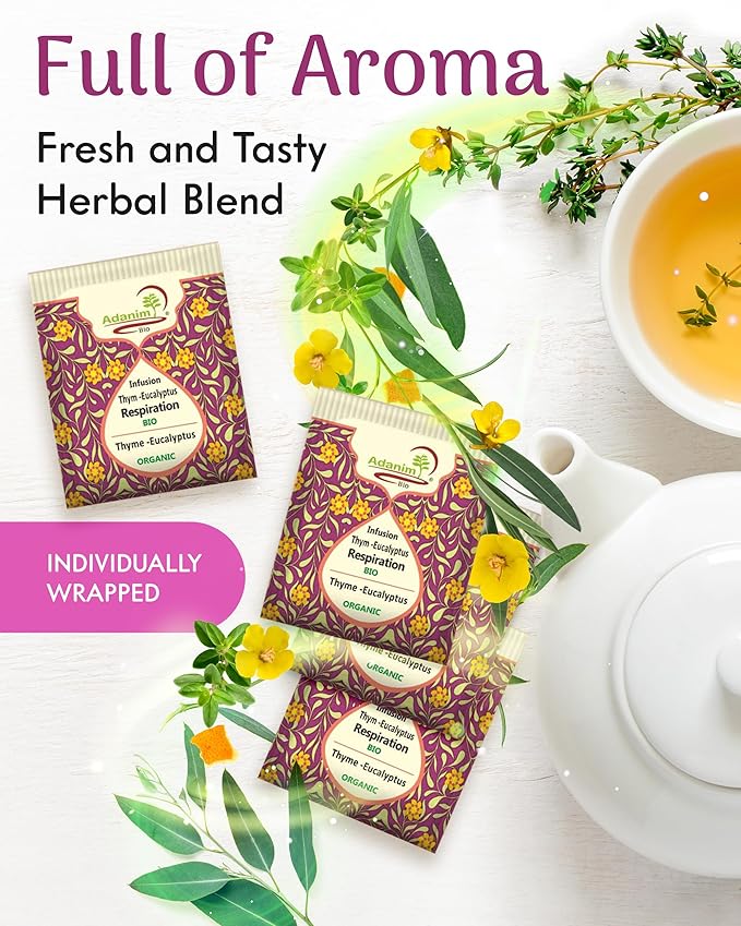 Adanim Bio Thyme Tea, Value Pack 80 Teabags with Organic Mullein Leaf and Eucalyptus Tea, Enhanced Respiratory and Lung Health, Caffeine Free Thyme Tea Bags