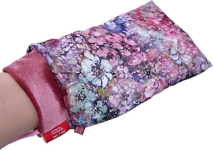 Mu LAN Legend Handmade Embossed Silk Exfoliation Mitt Polish Scrub (Pink Blue Cherry Flower)